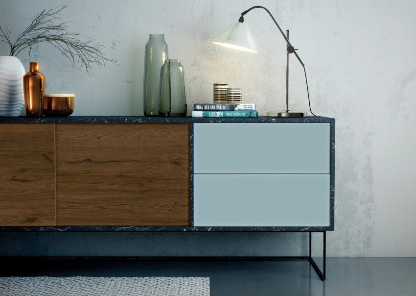 Ambiente diseñado con la melamina Azul Nube de Finsa