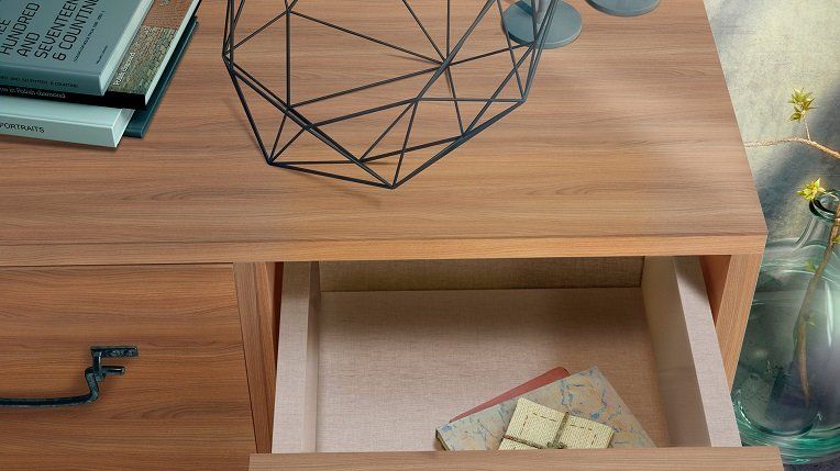 Ambiente decorativo hecho con melamina Lino Cancún de Finsa Berzal Bricomaderas Valladolid