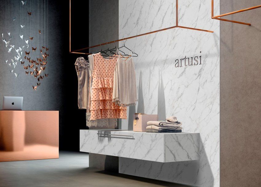 Decoración diseñada con la melamina Mármol Blanco de Finsa