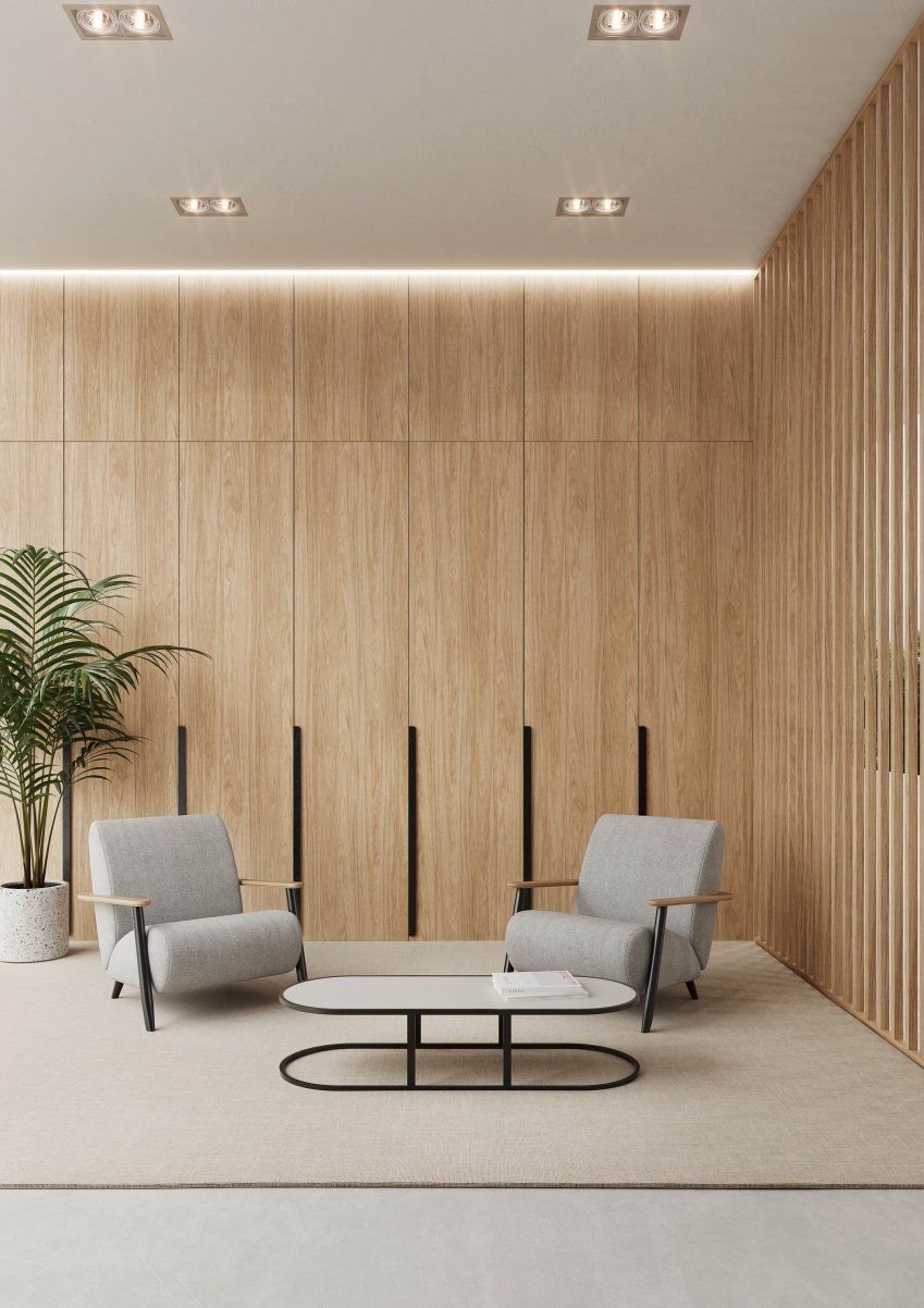 Ambiente diseñado con la melamina Hickory Varo de Finsa