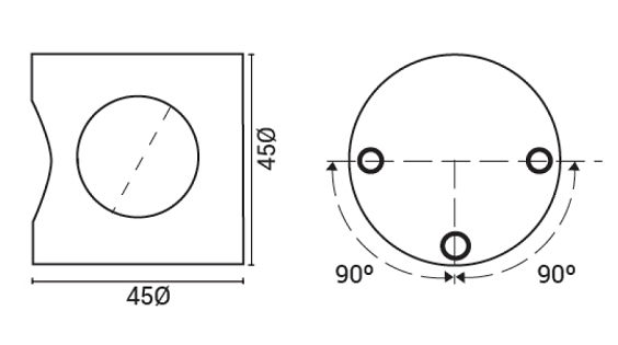 Esquema nudo de conexión con 3 entradas a 180º para Cabinas Sanitarias
