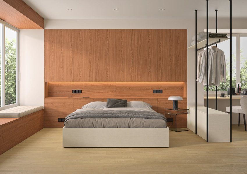 Decoración realizada con la melamina Cerezo Canela de Finsa