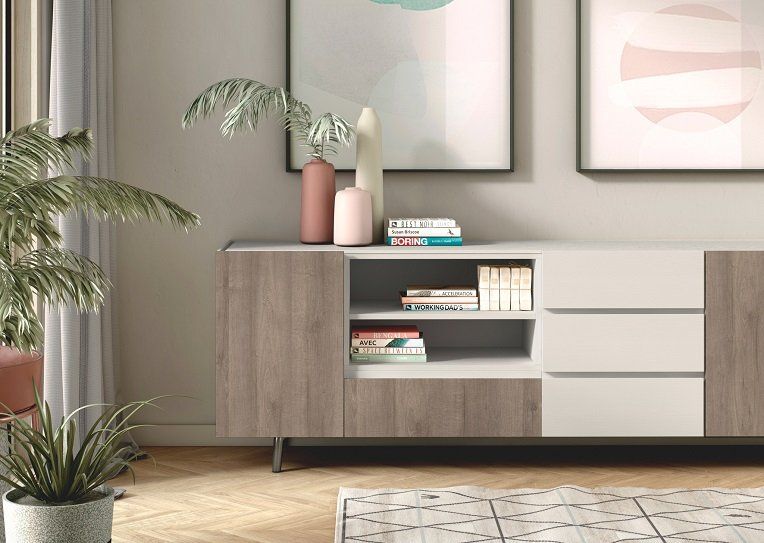 Ambiente diseñado con melamina White SR209 Blues de la gama Studio de Finsa Berzal Bricomaderas Valladolid